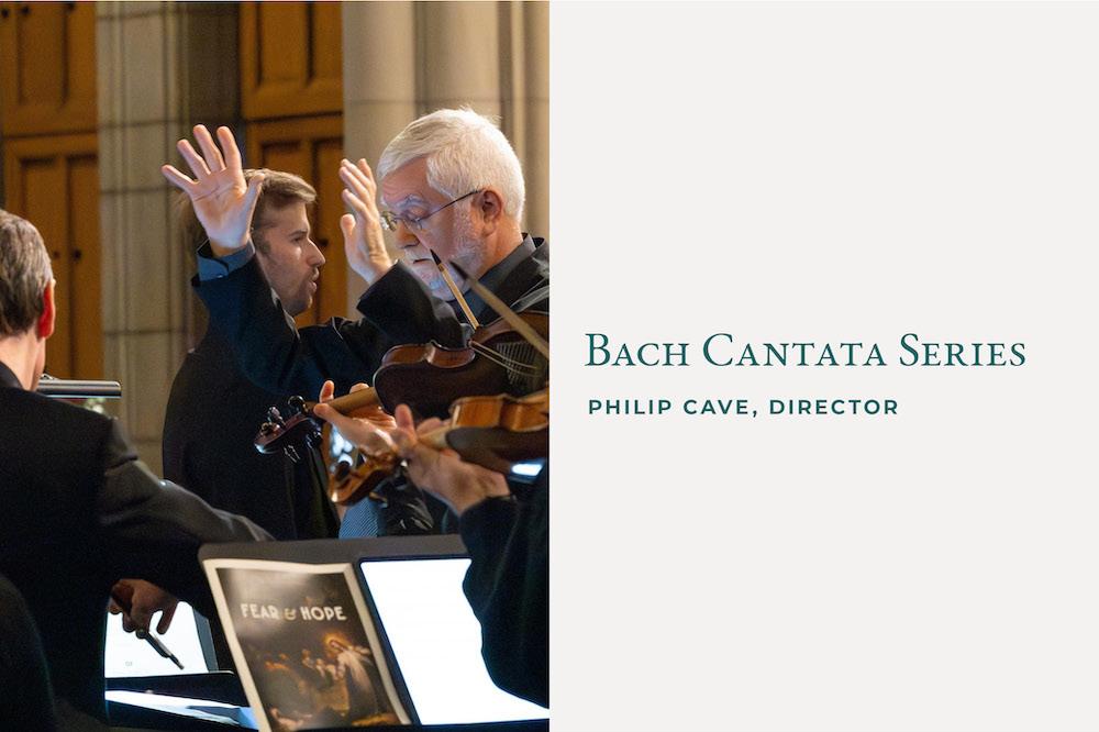 Conductor with musicians. Text: Bach Cantata Series.